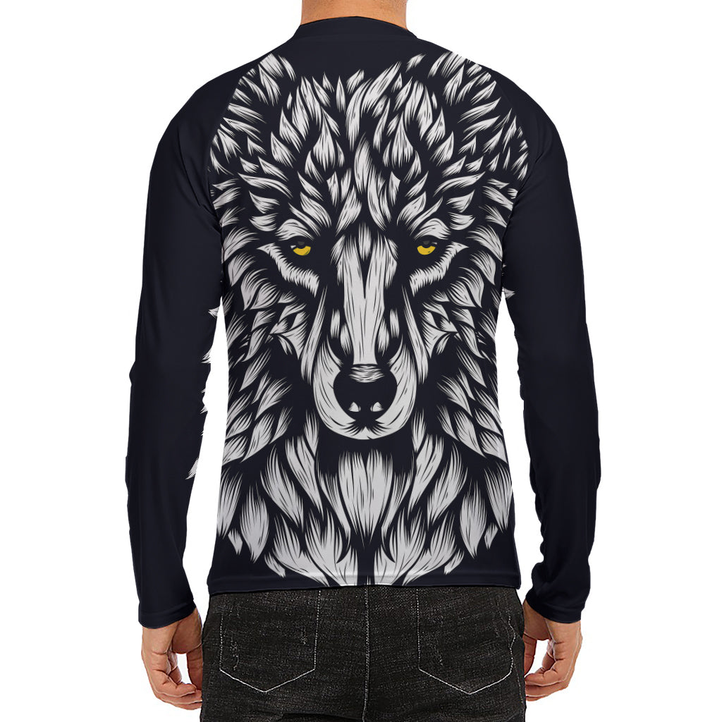Navy And White Wolf Print Men's Long Sleeve Rash Guard