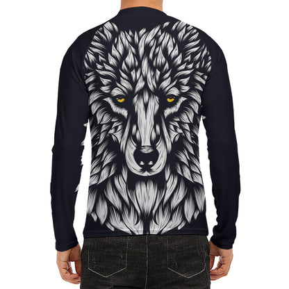 Navy And White Wolf Print Men's Long Sleeve Rash Guard