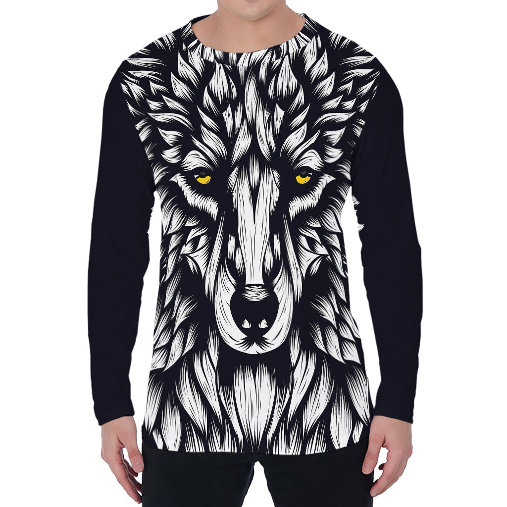 Navy And White Wolf Print Men's Long Sleeve T-Shirt