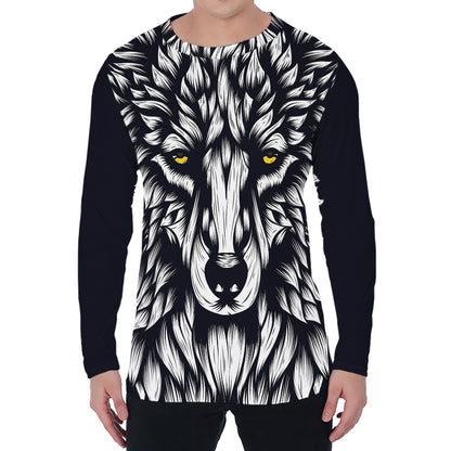 Navy And White Wolf Print Men's Long Sleeve T-Shirt