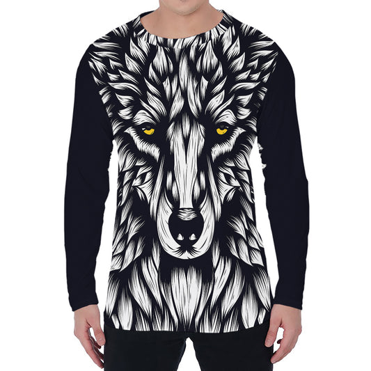 Navy And White Wolf Print Men's Long Sleeve T-Shirt