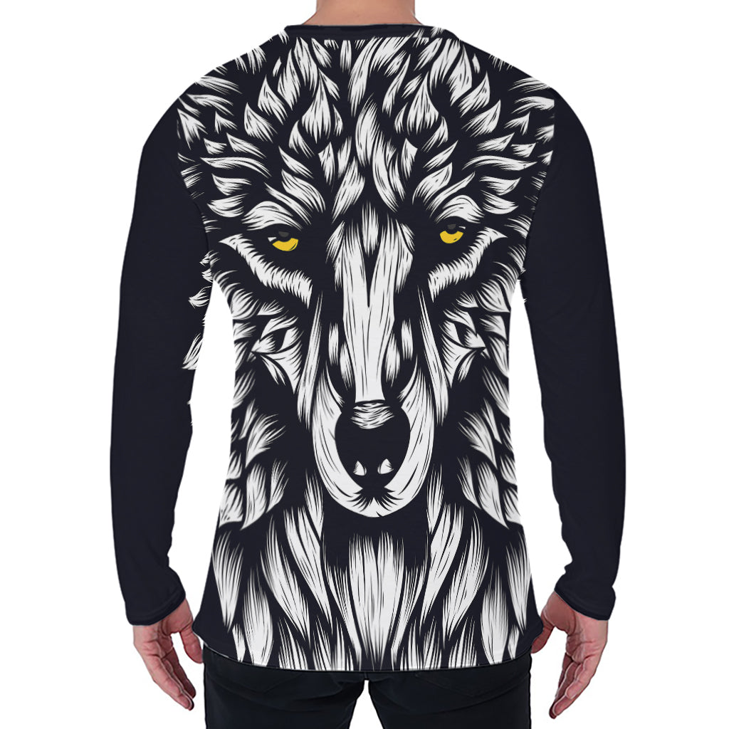 Navy And White Wolf Print Men's Long Sleeve T-Shirt