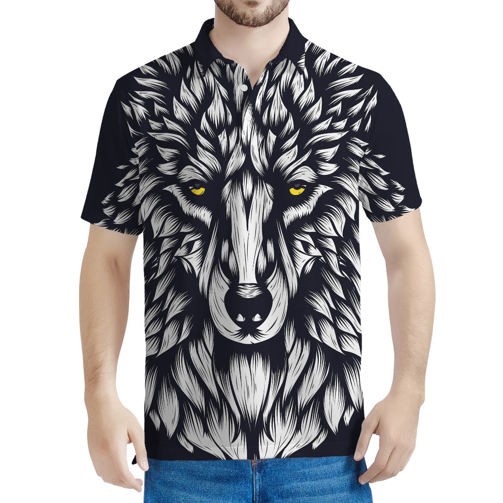 Navy And White Wolf Print Men's Polo Shirt