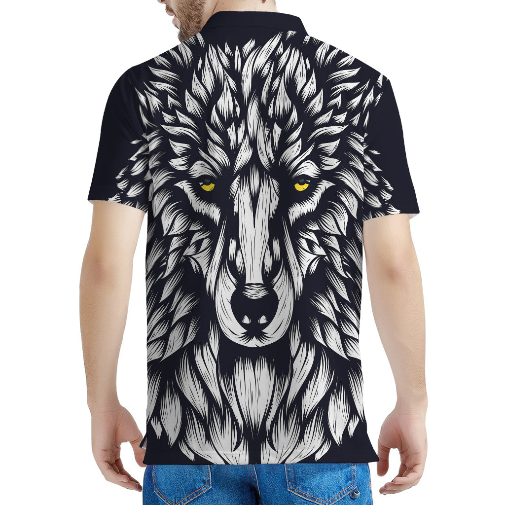 Navy And White Wolf Print Men's Polo Shirt