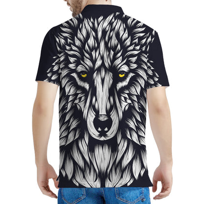 Navy And White Wolf Print Men's Polo Shirt