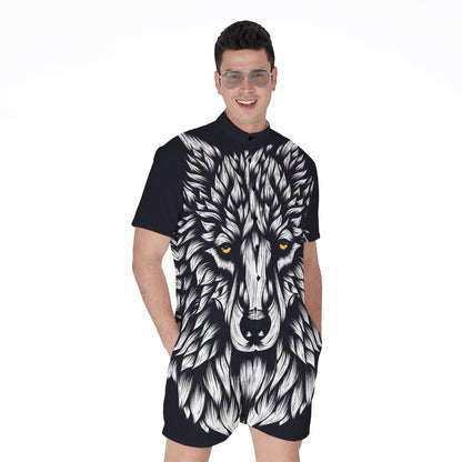 Navy And White Wolf Print Men's Rompers