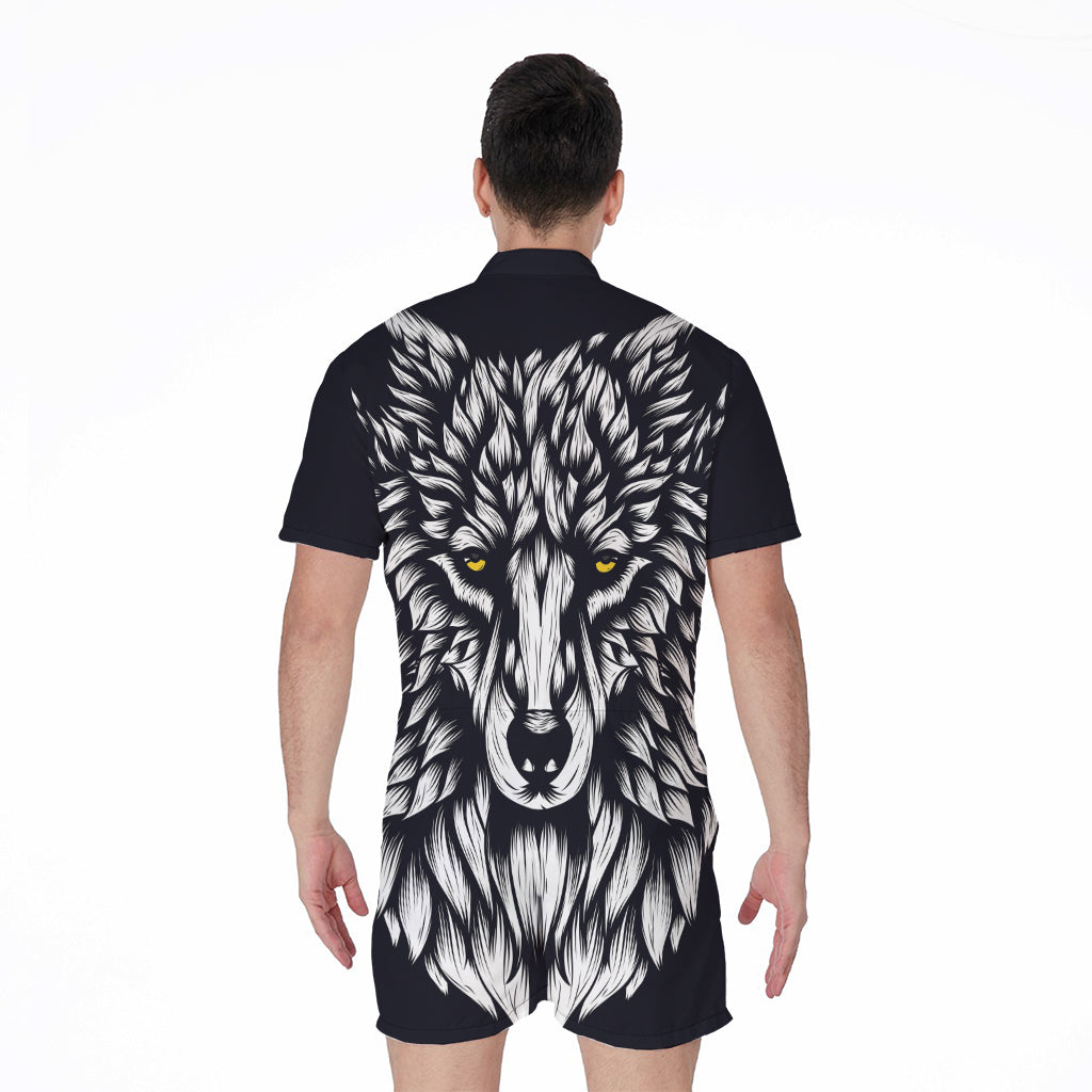 Navy And White Wolf Print Men's Rompers