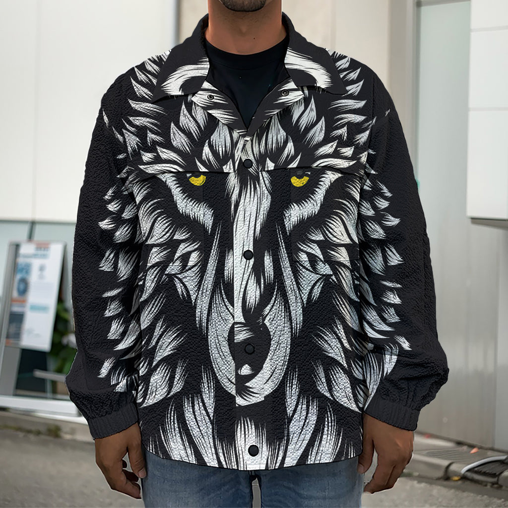 Navy And White Wolf Print Men's Shirt Jacket