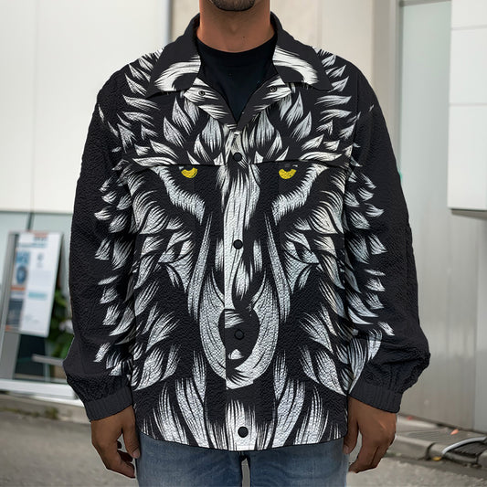Navy And White Wolf Print Men's Shirt Jacket