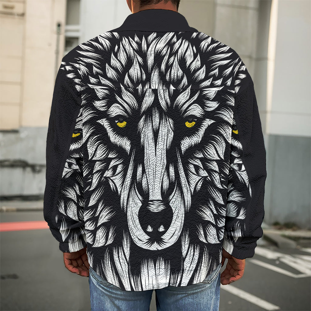 Navy And White Wolf Print Men's Shirt Jacket