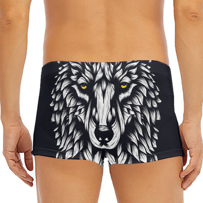 Navy And White Wolf Print Men's Short Boxer Briefs