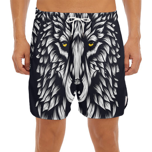 Navy And White Wolf Print Men's Split Running Shorts