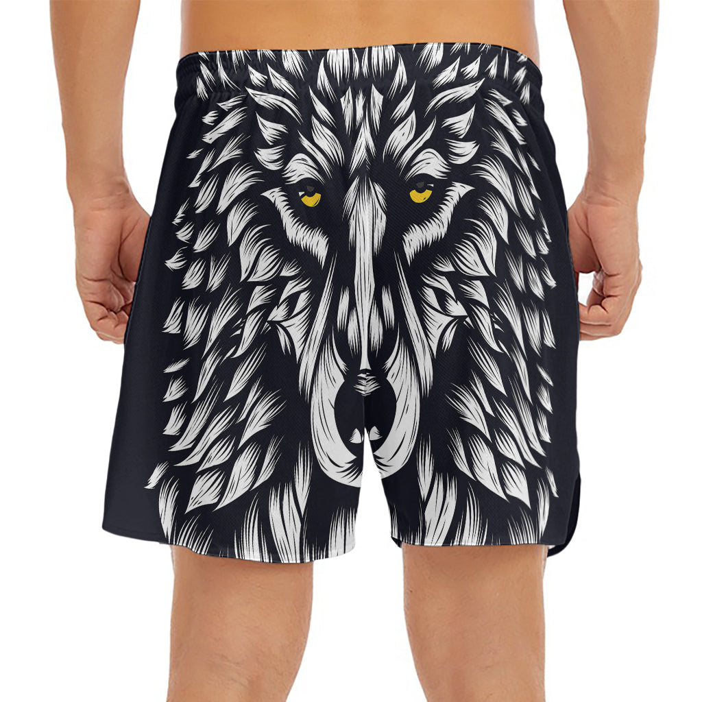 Navy And White Wolf Print Men's Split Running Shorts