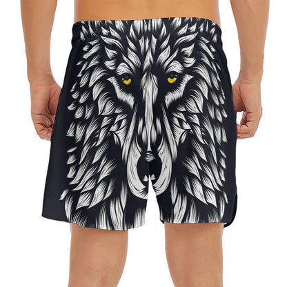 Navy And White Wolf Print Men's Split Running Shorts