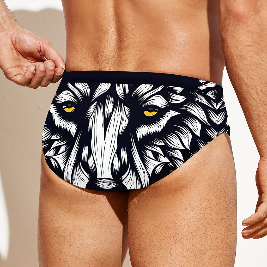Navy And White Wolf Print Men's Swim Briefs