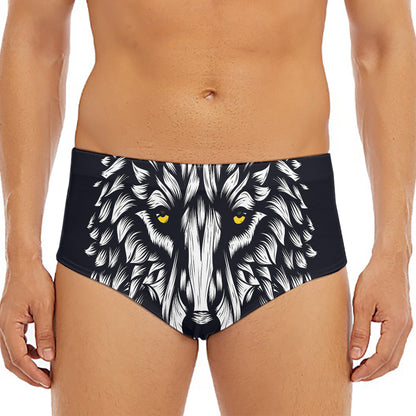 Navy And White Wolf Print Men's Triangle Swim Briefs