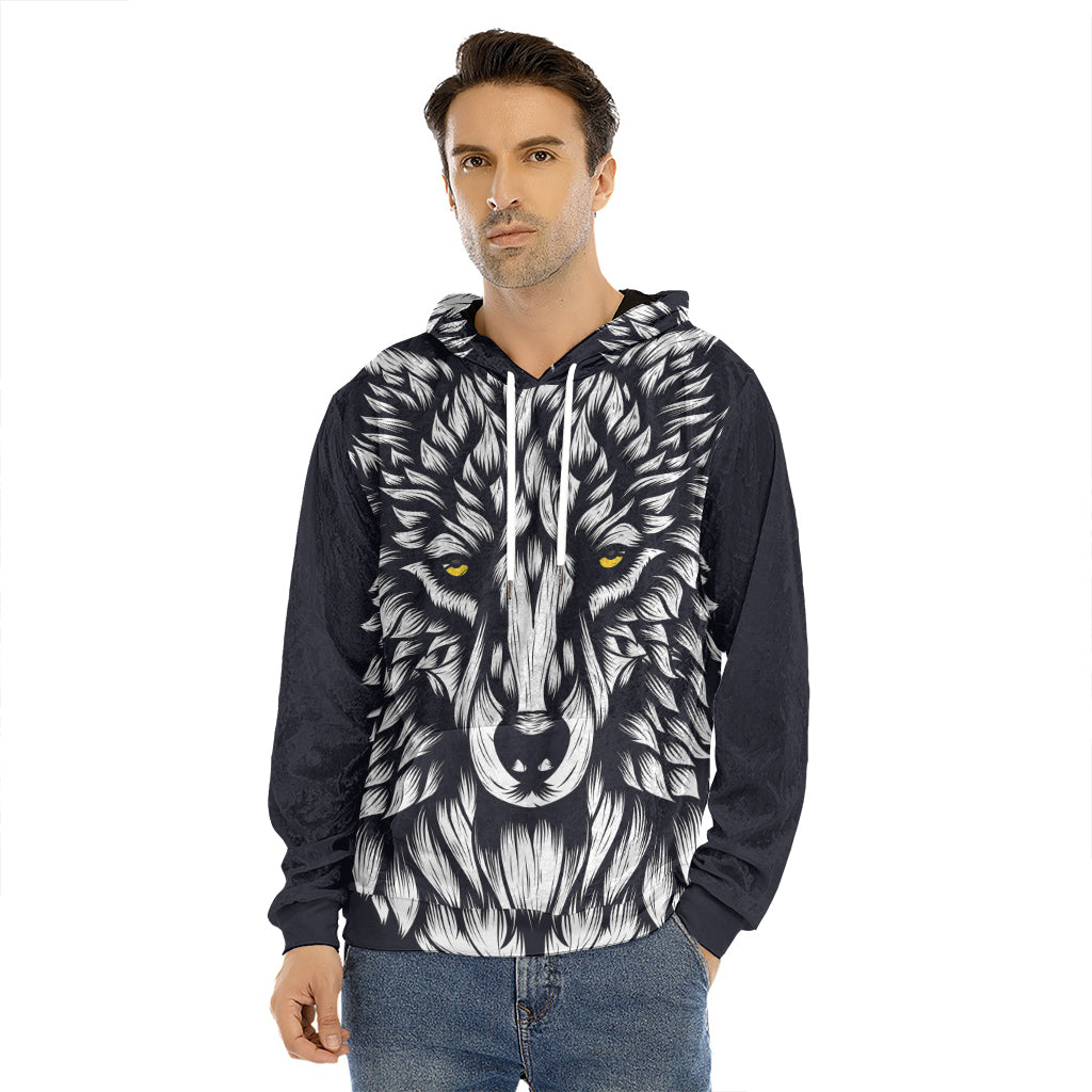 Navy And White Wolf Print Men's Velvet Pullover Hoodie