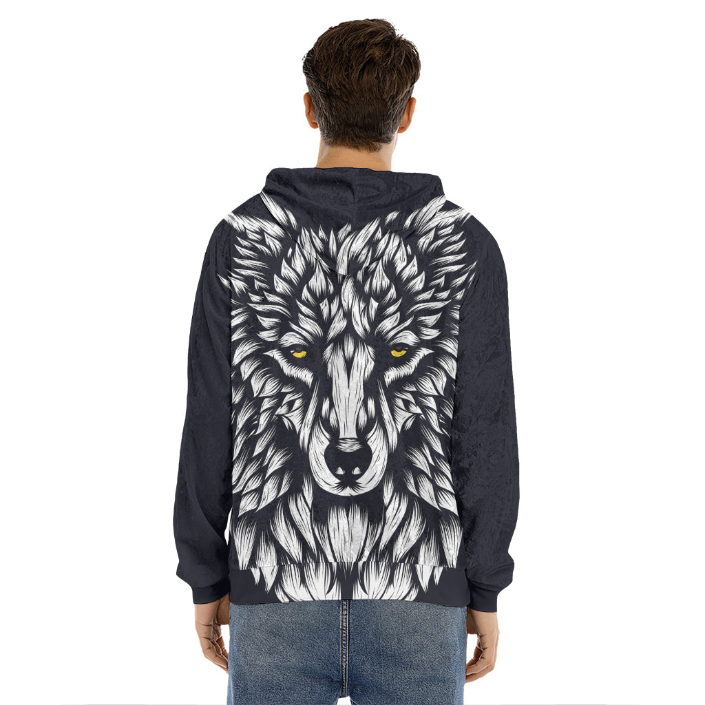 Navy And White Wolf Print Men's Velvet Pullover Hoodie