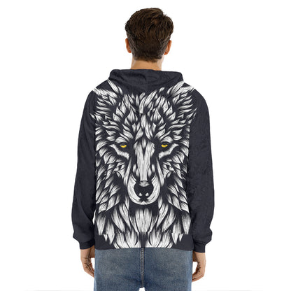 Navy And White Wolf Print Men's Velvet Pullover Hoodie
