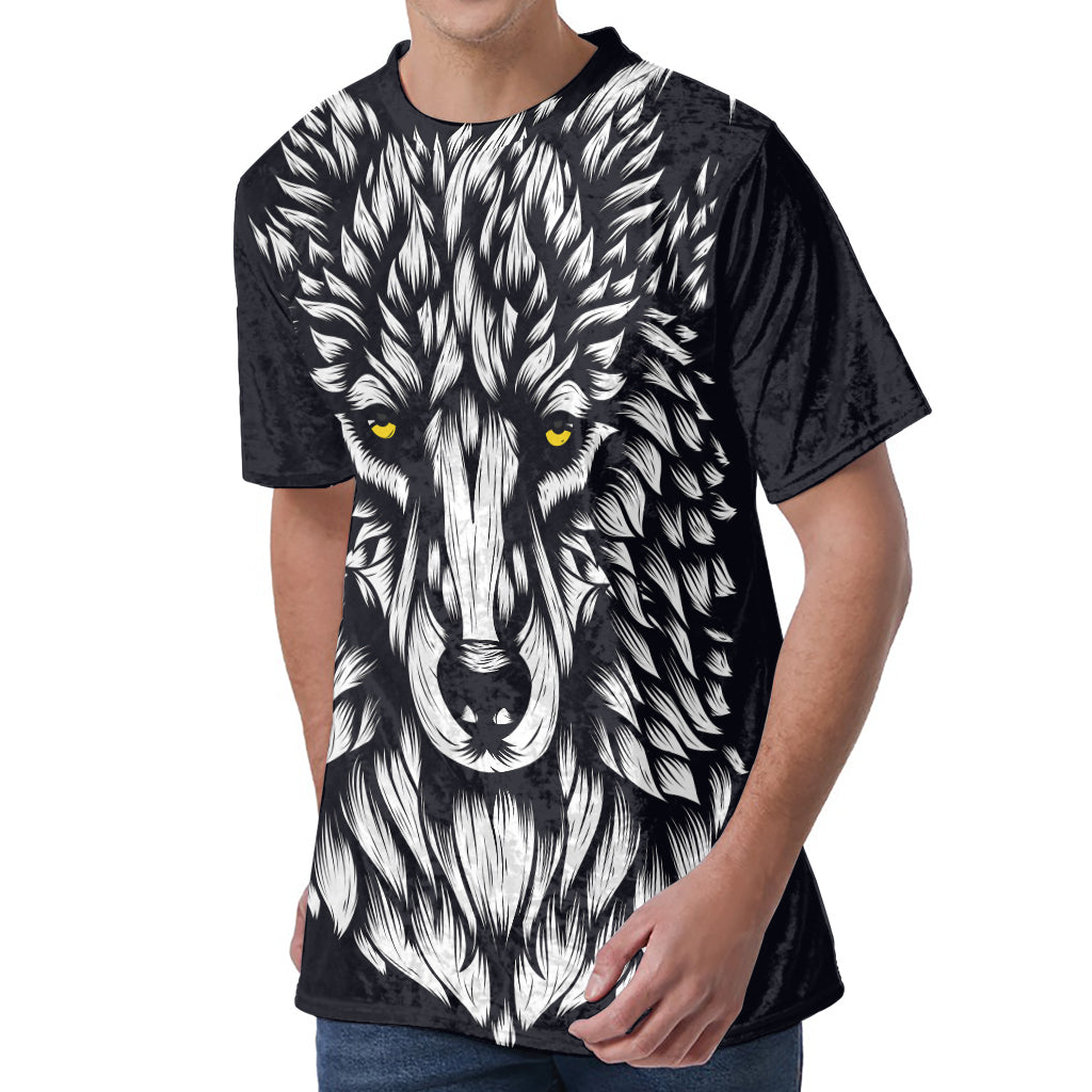 Navy And White Wolf Print Men's Velvet T-Shirt