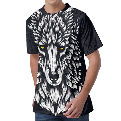 Navy And White Wolf Print Men's Velvet T-Shirt