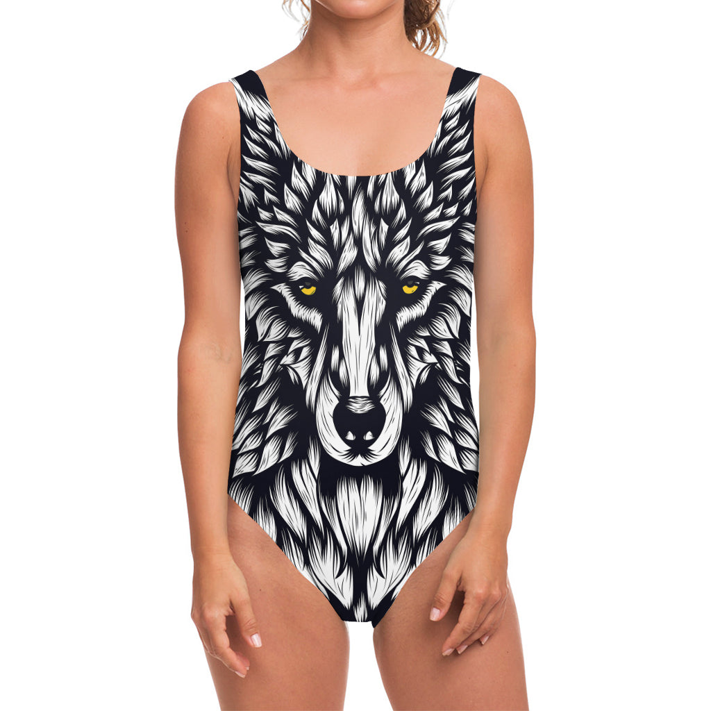 Navy And White Wolf Print One Piece Swimsuit