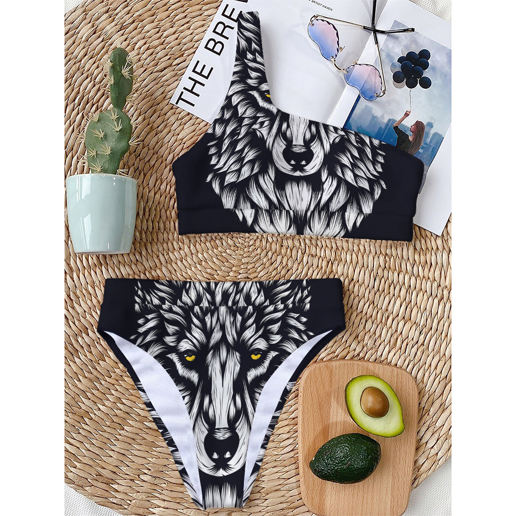 Navy And White Wolf Print One Shoulder Bikini Top