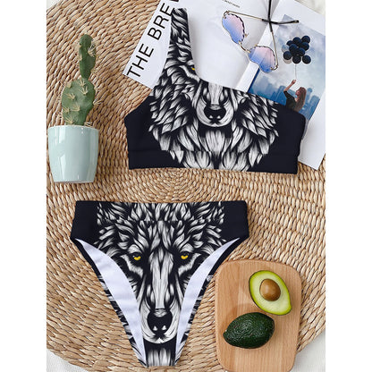 Navy And White Wolf Print One Shoulder Bikini Top