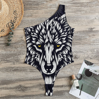 Navy And White Wolf Print One Shoulder Bodysuit