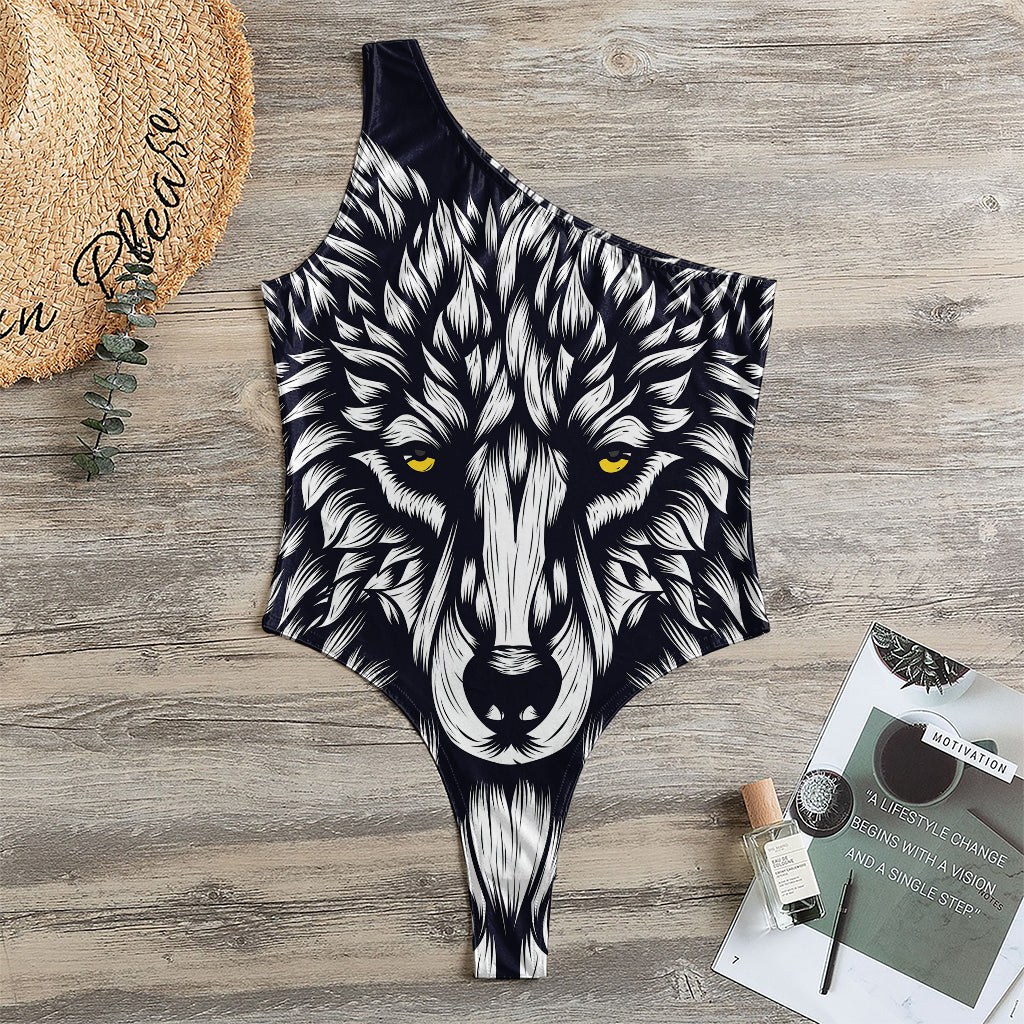 Navy And White Wolf Print One Shoulder Bodysuit
