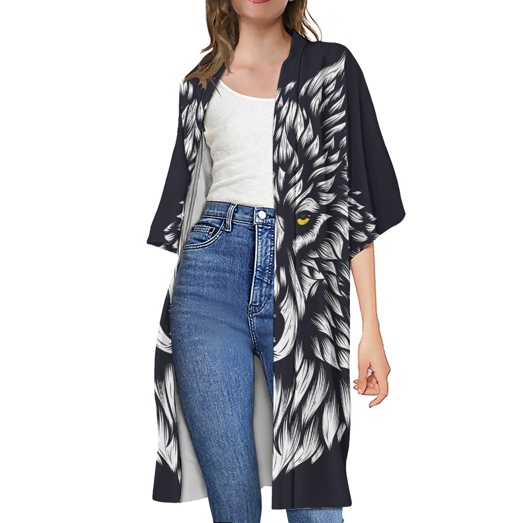 Navy And White Wolf Print Open Front Beach Cover Up
