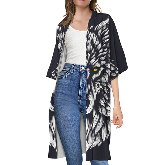 Navy And White Wolf Print Open Front Beach Cover Up