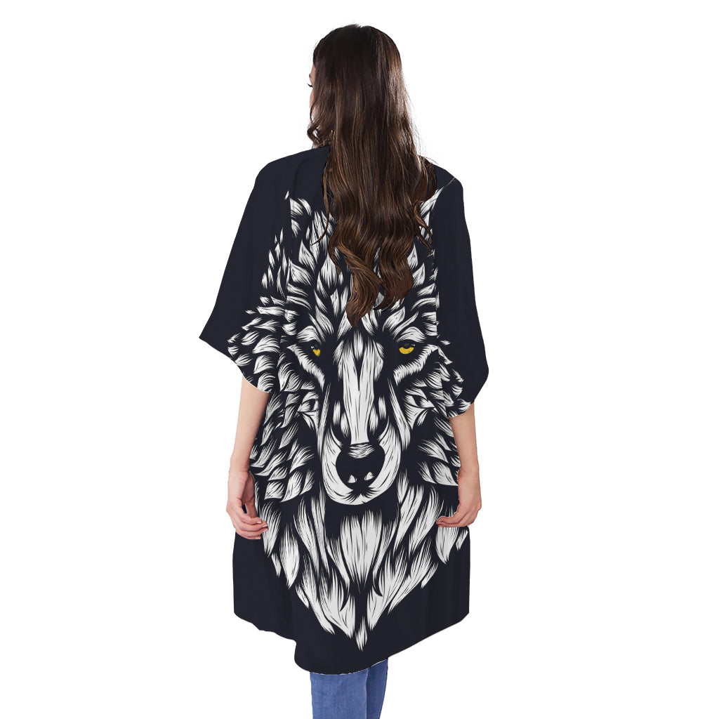 Navy And White Wolf Print Open Front Beach Cover Up