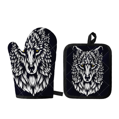 Navy And White Wolf Print Oven Mitt And Pot Holder Set
