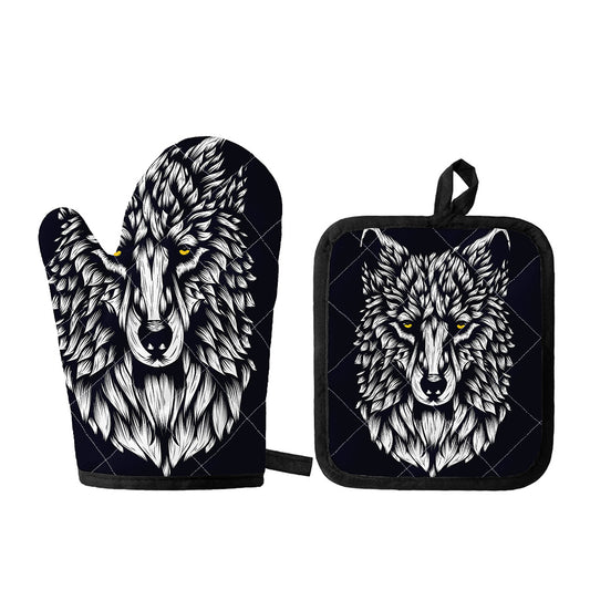 Navy And White Wolf Print Oven Mitt And Pot Holder Set