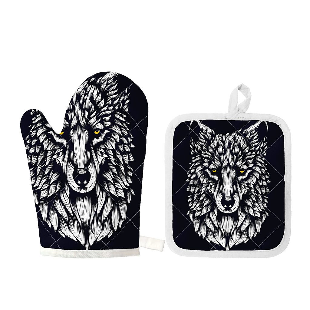 Navy And White Wolf Print Oven Mitt And Pot Holder Set