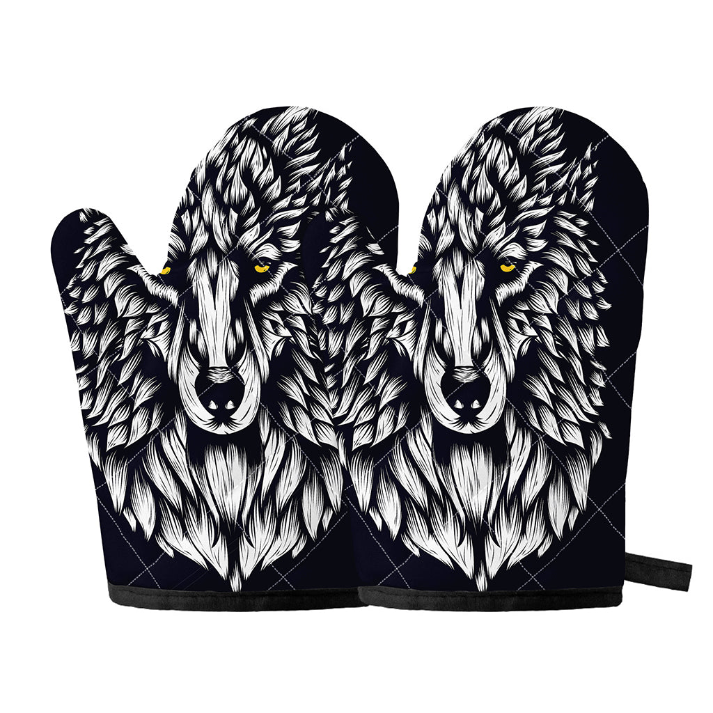 Navy And White Wolf Print Oven Mitts