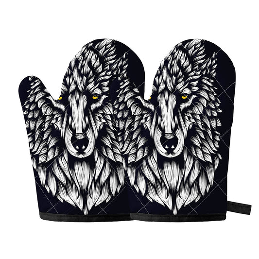 Navy And White Wolf Print Oven Mitts