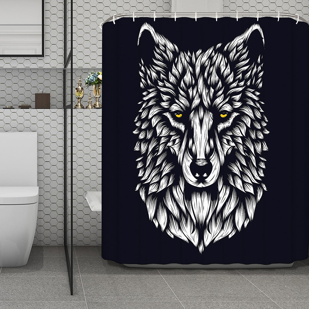 Navy And White Wolf Print Polyester Shower Curtain