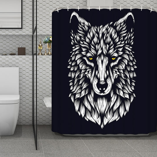 Navy And White Wolf Print Polyester Shower Curtain