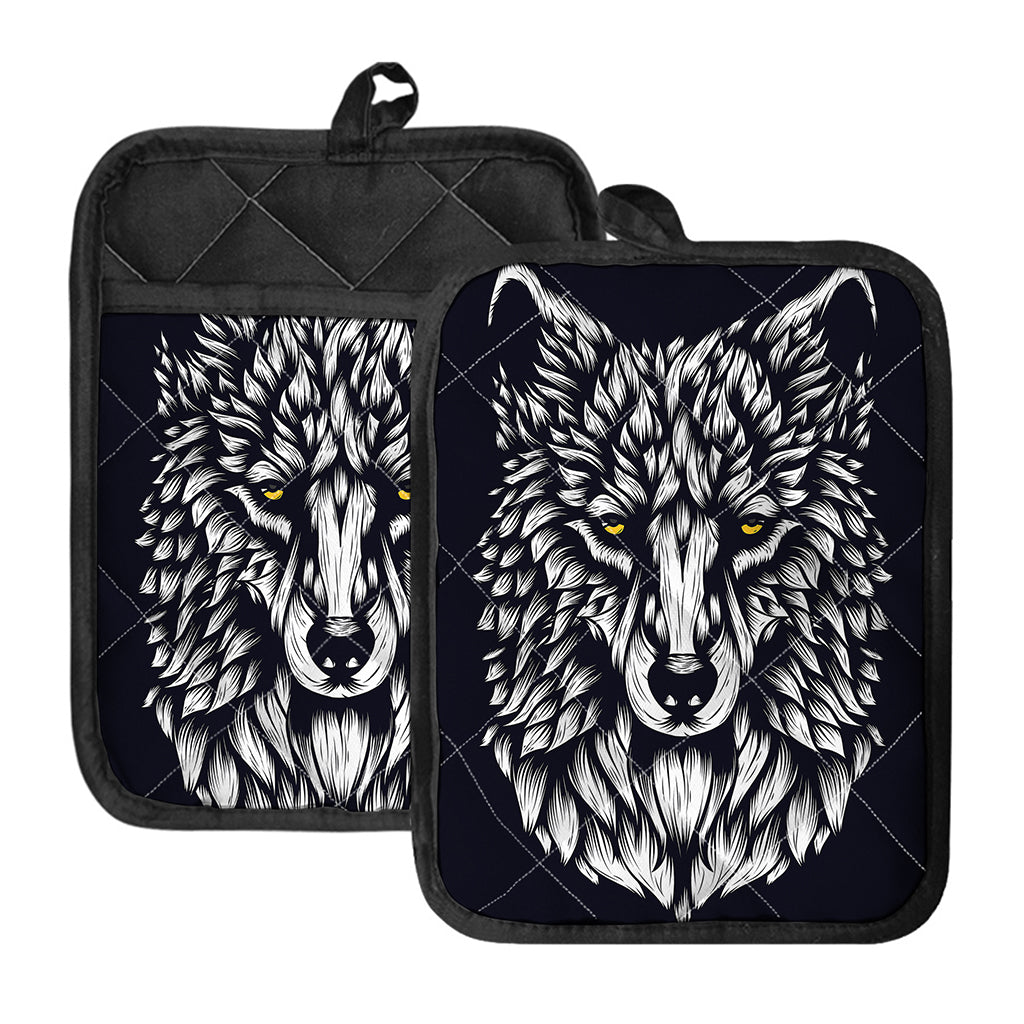 Navy And White Wolf Print Pot Holders With Pocket
