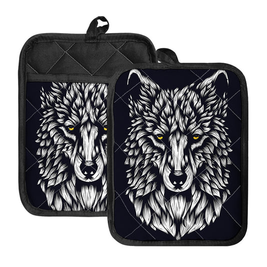 Navy And White Wolf Print Pot Holders With Pocket