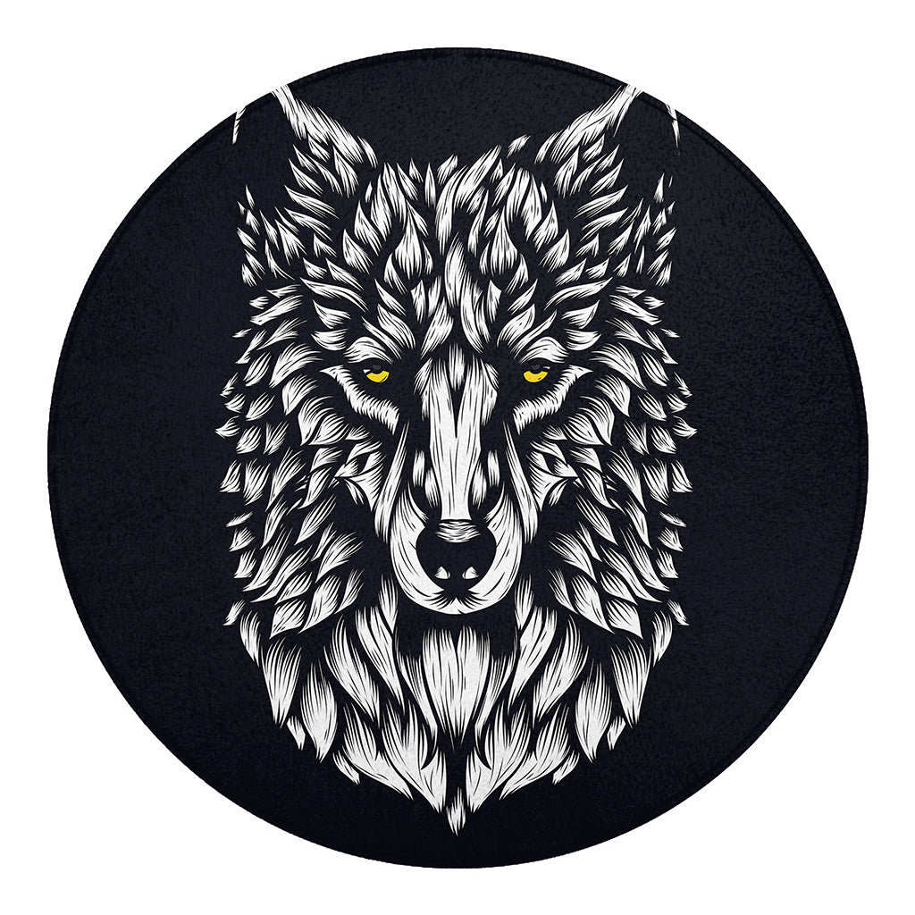 Navy And White Wolf Print Round Blanket