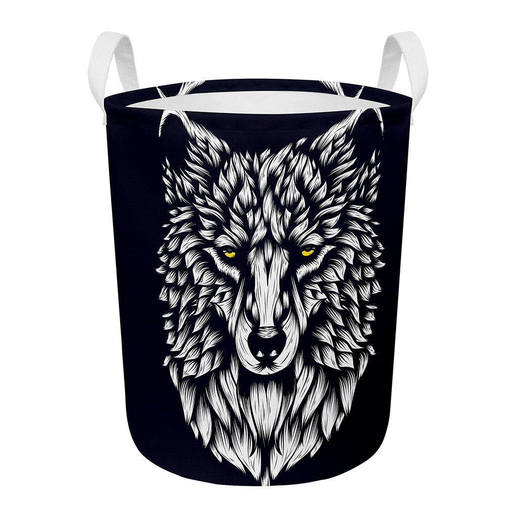 Navy And White Wolf Print Round Laundry Basket