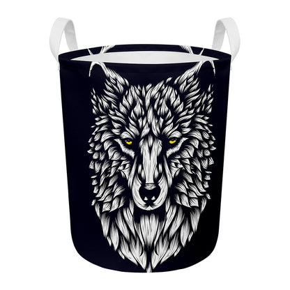 Navy And White Wolf Print Round Laundry Basket