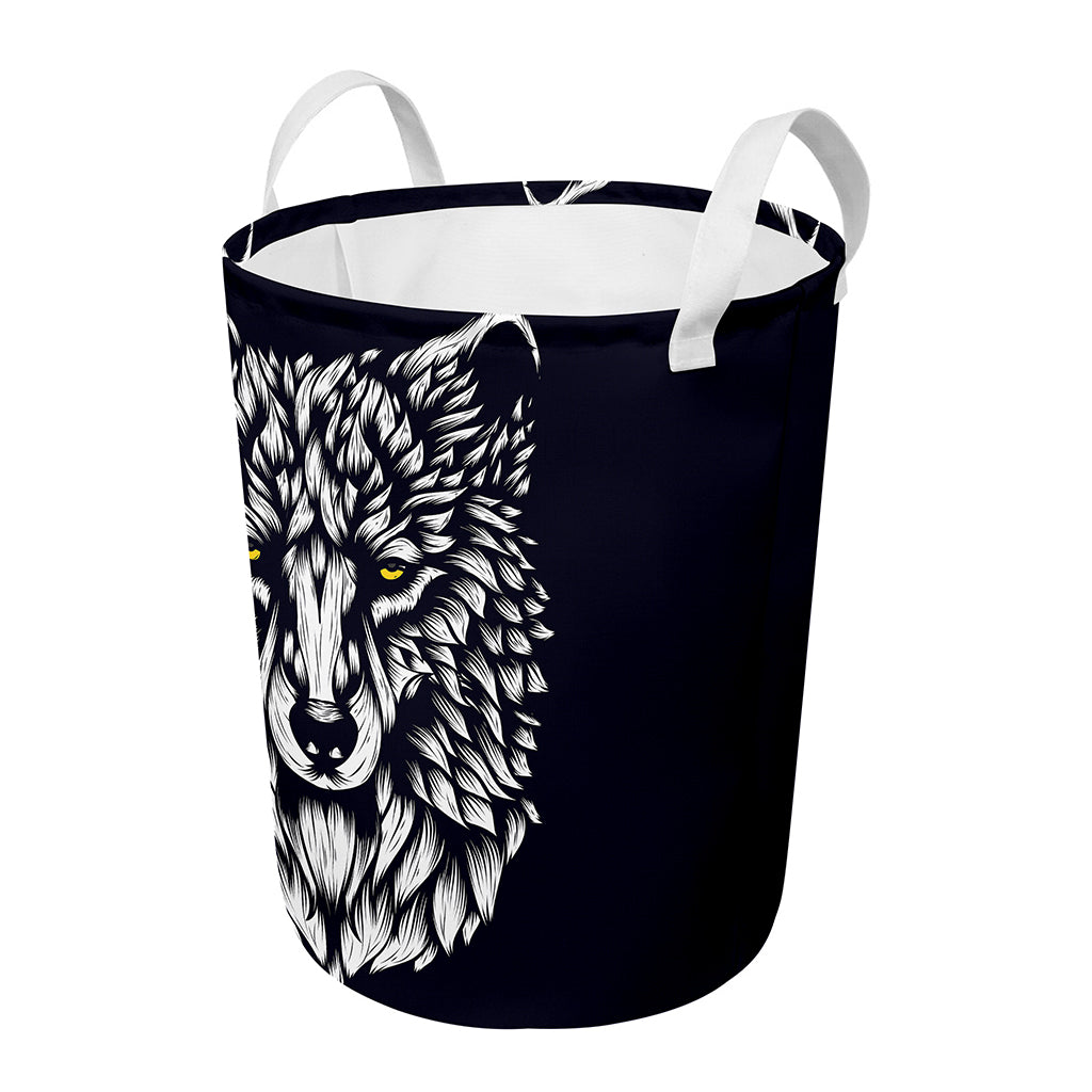 Navy And White Wolf Print Round Laundry Basket