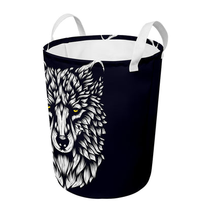 Navy And White Wolf Print Round Laundry Basket