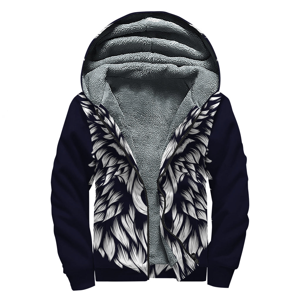 Navy And White Wolf Print Sherpa Lined Zip Up Hoodie