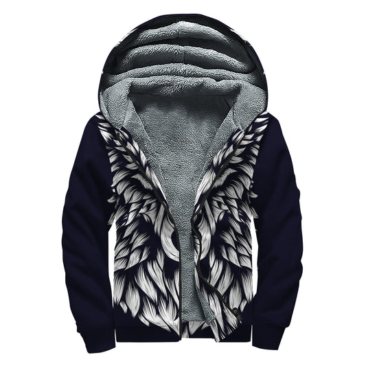 Navy And White Wolf Print Sherpa Lined Zip Up Hoodie