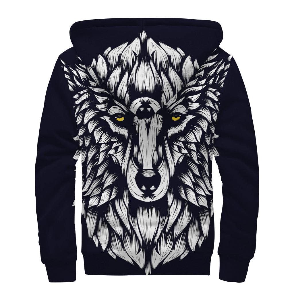 Navy And White Wolf Print Sherpa Lined Zip Up Hoodie